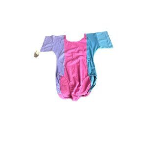 Vtg 80s 90s Colorblock Leotard Bodysuit Cap Sleeve purple Pink Teal Large  USA